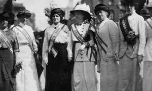   Inez Haynes Gillmore, Hildegarde Hawthorne, Edith Ellis Furness, Rose Young, Katherine Licily and Sally Splint represent female authors, dramatists and editors during a New York women’s suffrage parade. Photograph: Paul Thompson/Getty Images 