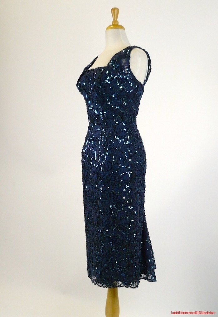 1950's Cocktail Dress, deep blue lace wsequin trim fishtail back - side view.jpg