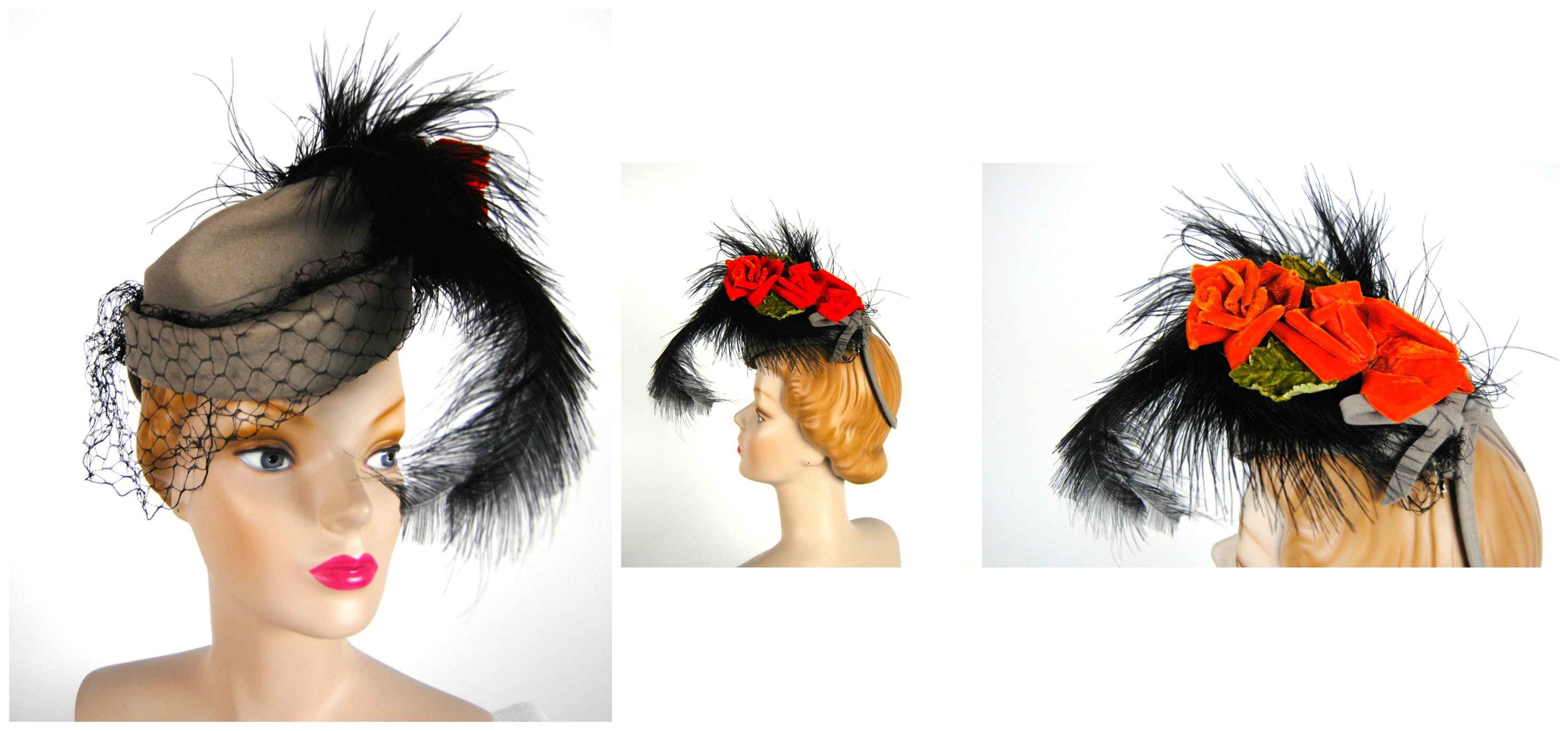 Ian Drummond Collection IDC Toronto Wardrobe Rentals Womens 40s Gray Black Feather Orange Rose Hat